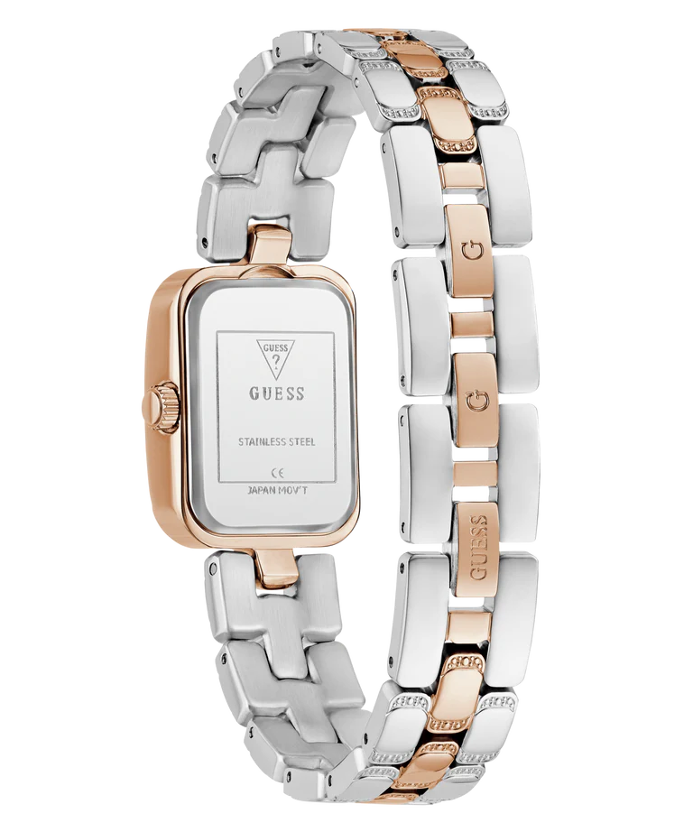 GUESS GW0865L5 case back showing stainless steel and rose gold construction details