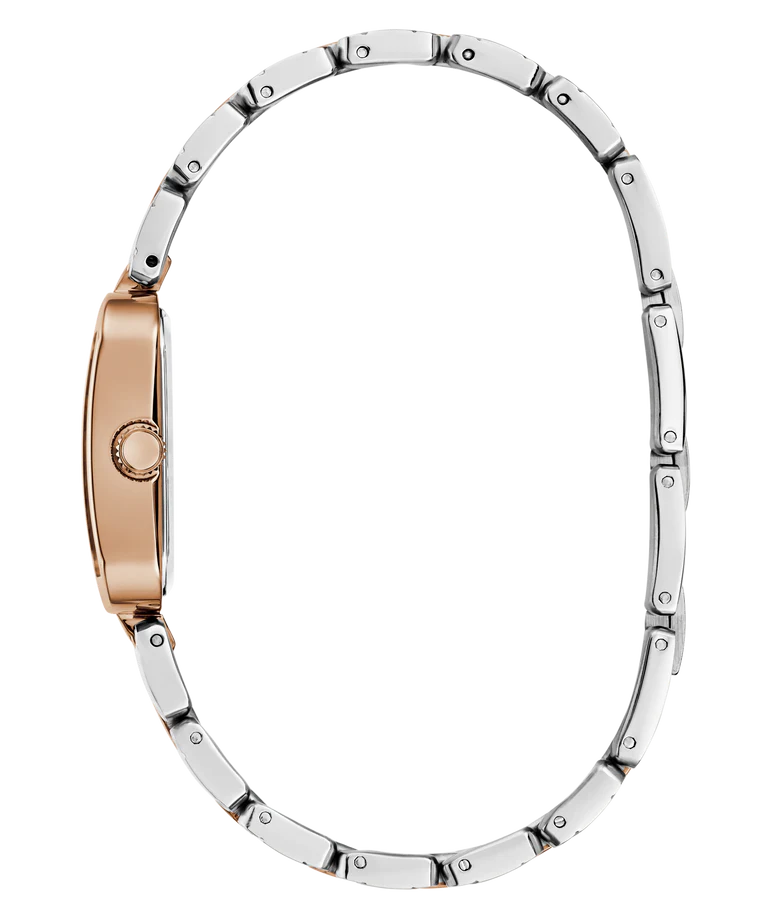 GUESS GW0865L5 side view of rectangular case with rose gold bezel and crystal accents