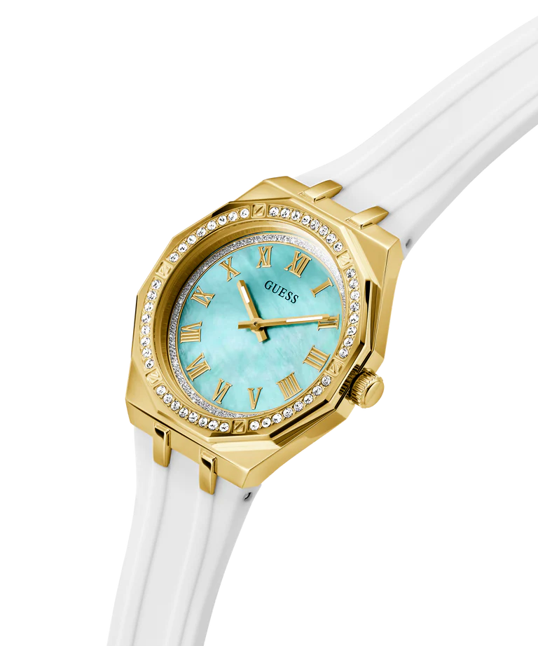 GUESS GW0872L1 angled view showing gold case, crystal bezel, and white strap