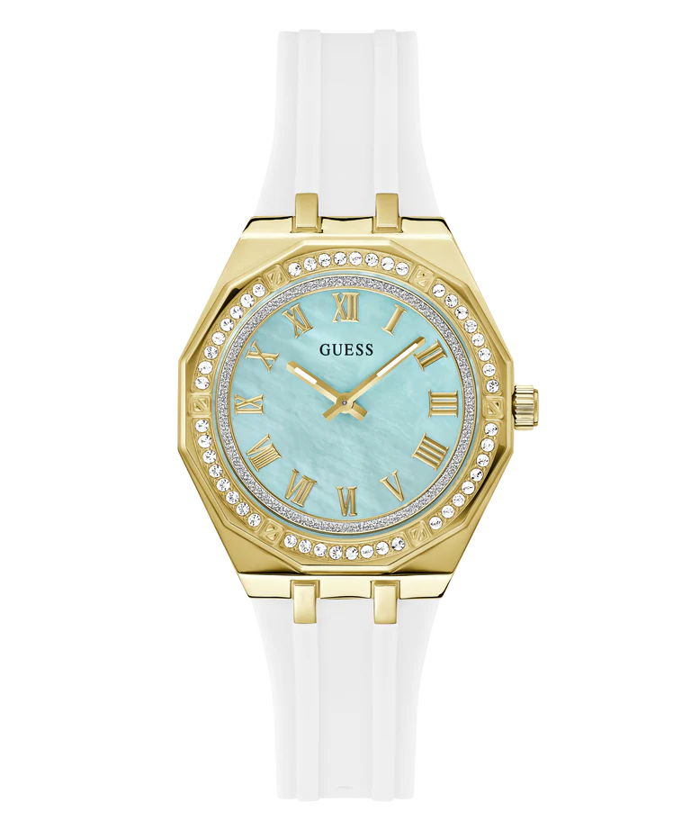 GUESS GW0872L1 white gold tone ladies watch with light blue dial and white rubber strap
