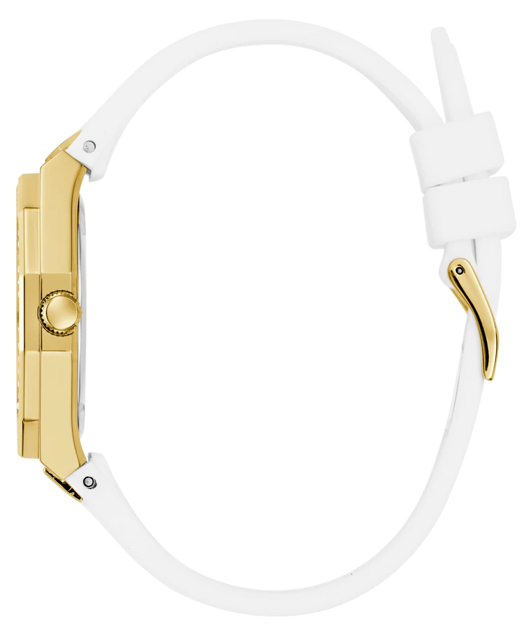 GUESS GW0872L1 side profile view showing gold tone case and white rubber strap