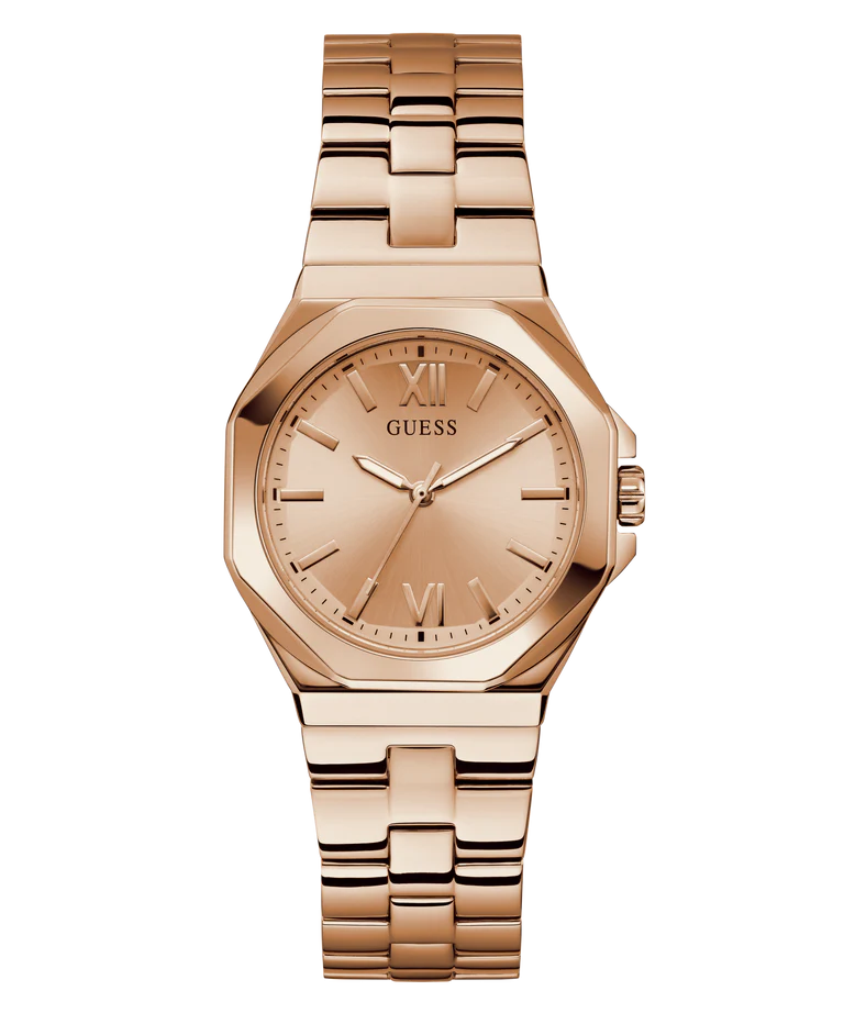 Guess Empress rose gold quartz women's watch with round dial and rose gold bracelet