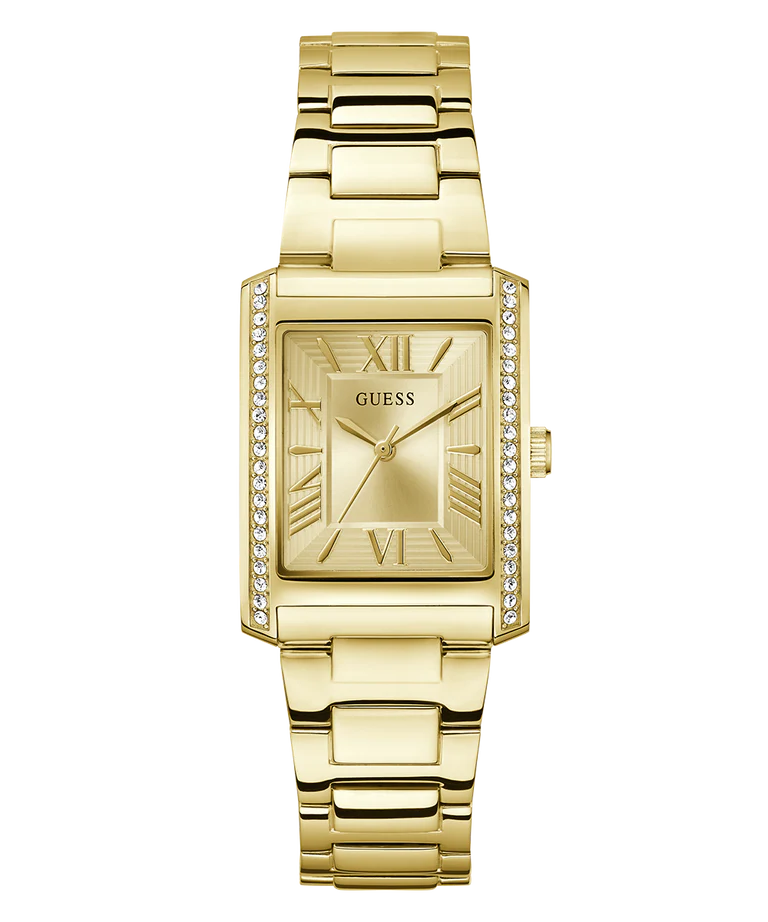 GUESS gold tone rectangular ladies watch with Roman numeral dial and crystal-set bezel