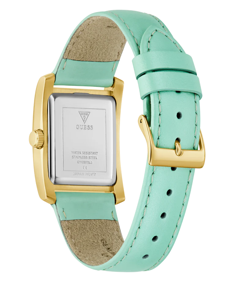 GUESS GW0875L1 caseback showing stainless steel case back with engraved logo and mint green leather strap