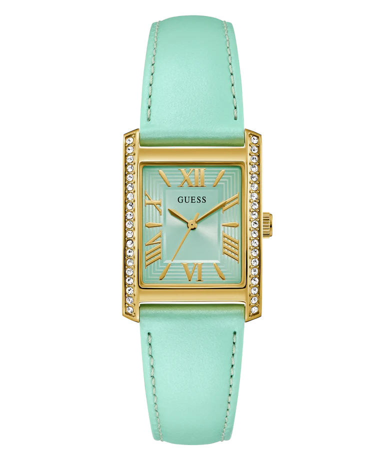 GUESS GW0875L1 side profile of rectangular watch case with crystal-accented sides and mint green leather strap