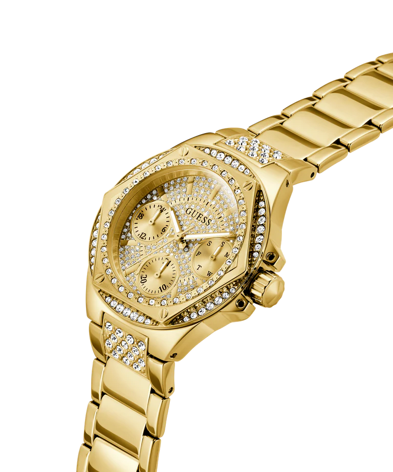 GUESS ladies watch side angle showing gold-tone case and jeweled bezel