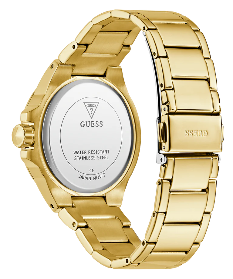 GUESS ladies watch caseback showing water resistant stainless steel details