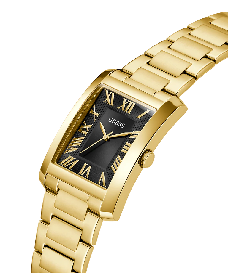 Guess Clyde men's watch angled view showing gold-tone rectangular case and bracelet