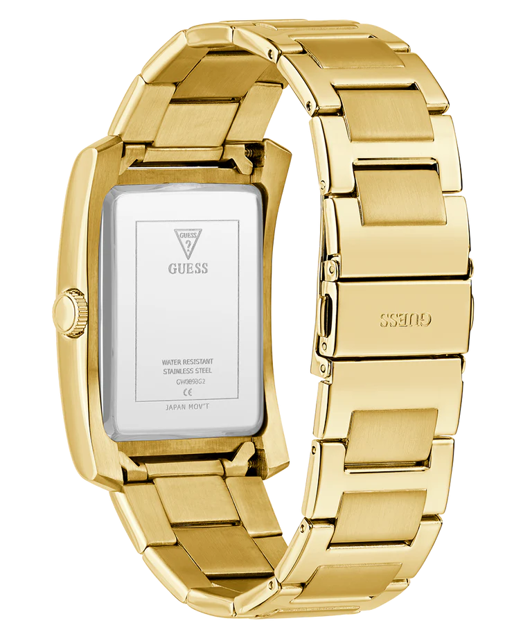 Guess Clyde watch case back and bracelet showing water resistance specifications