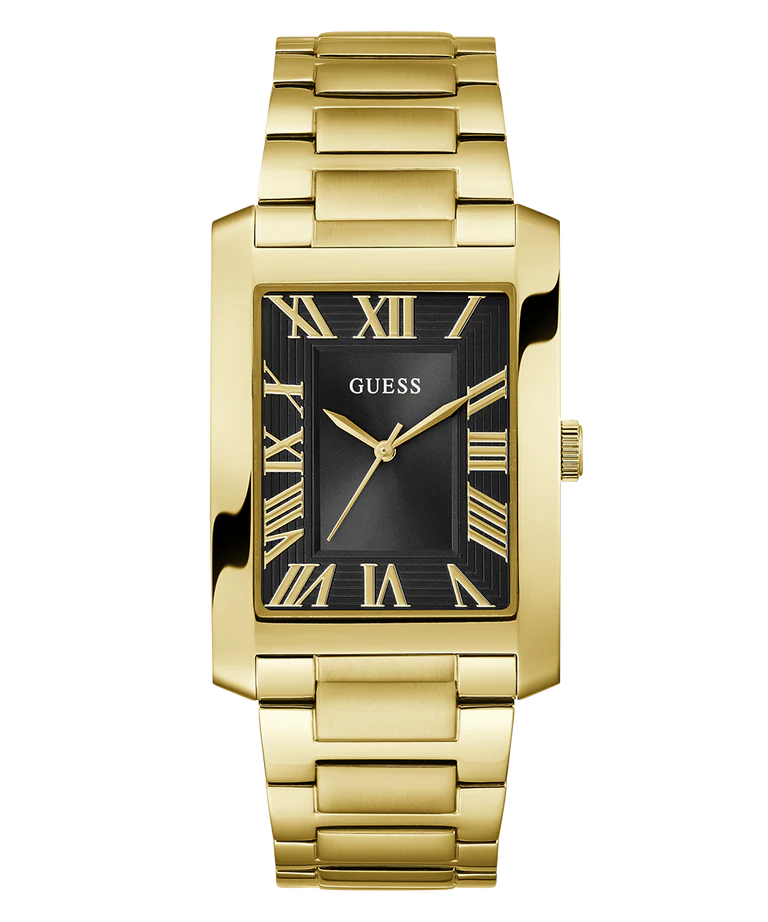 Guess Clyde 34mm gold-tone men's watch with black dial and Roman numeral markers