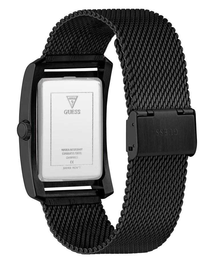 GUESS watch caseback and strap showing model information and black mesh band