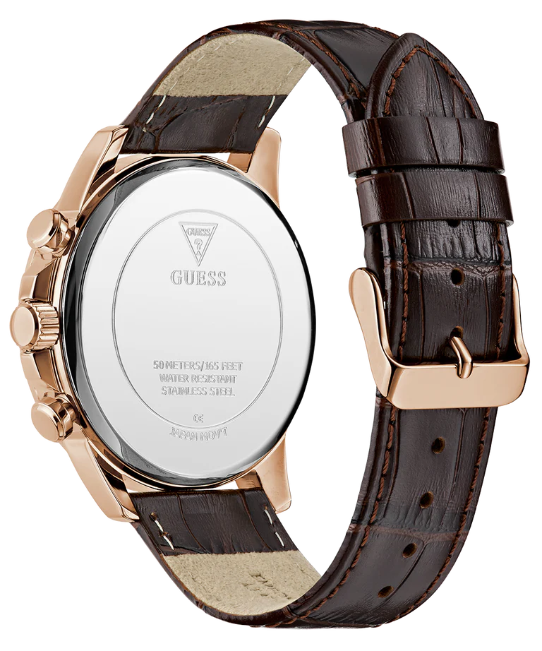 GUESS GW0901G3 watch caseback showing engraved branding, brown leather strap and rose gold case