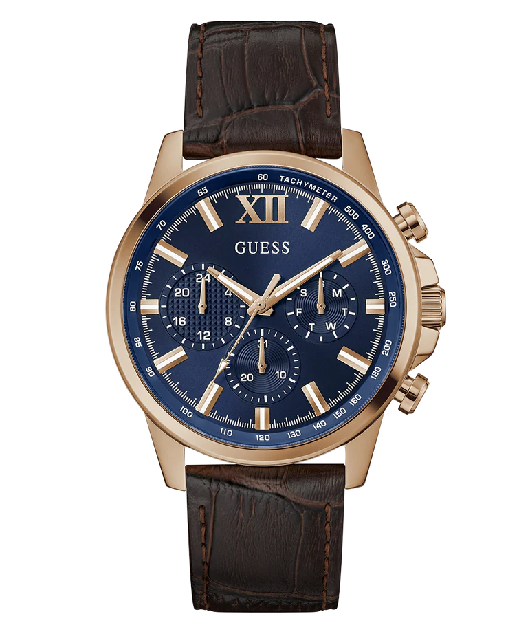 GUESS GW0901G3 men's watch with rose gold case, navy blue dial, Roman numerals and chronograph subdials