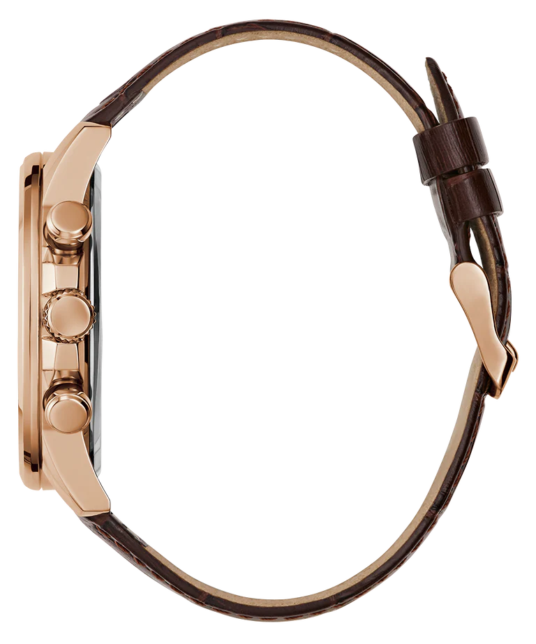 GUESS GW0901G3 watch from side view displaying rose gold chronograph pushers and brown crocodile-textured leather strap
