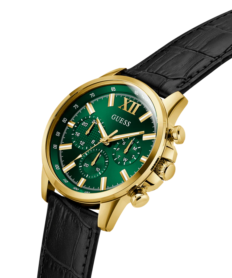 GUESS GW0901G4 angled view showing green dial face with gold accents and black croc-embossed strap