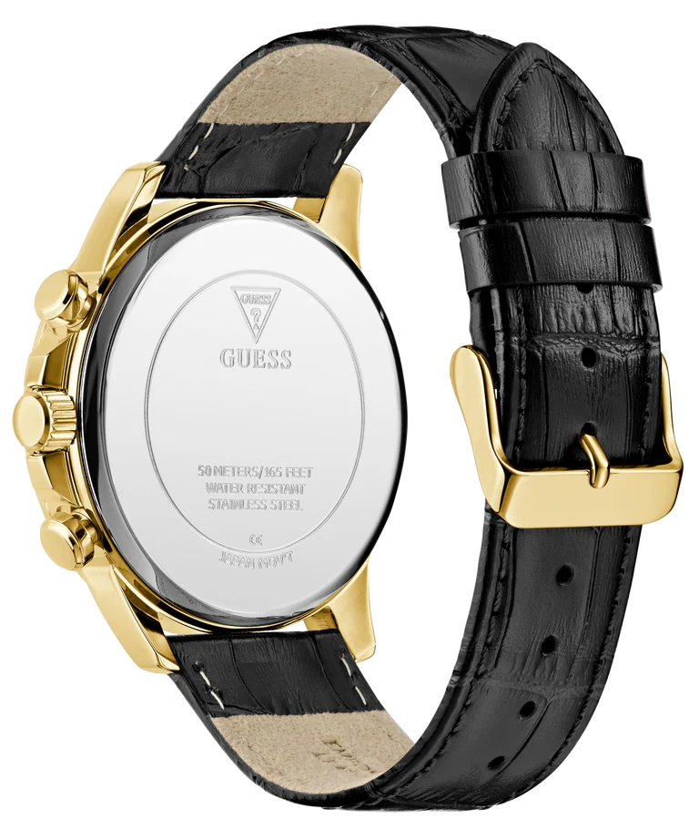 GUESS GW0901G4 caseback showing engraved logo and specifications on polished stainless steel