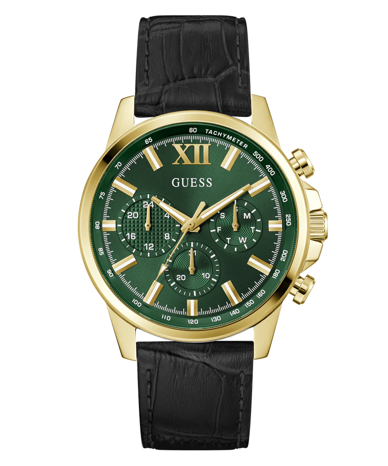 GUESS GW0901G4 full front view of gold chronograph watch with green dial and black leather band
