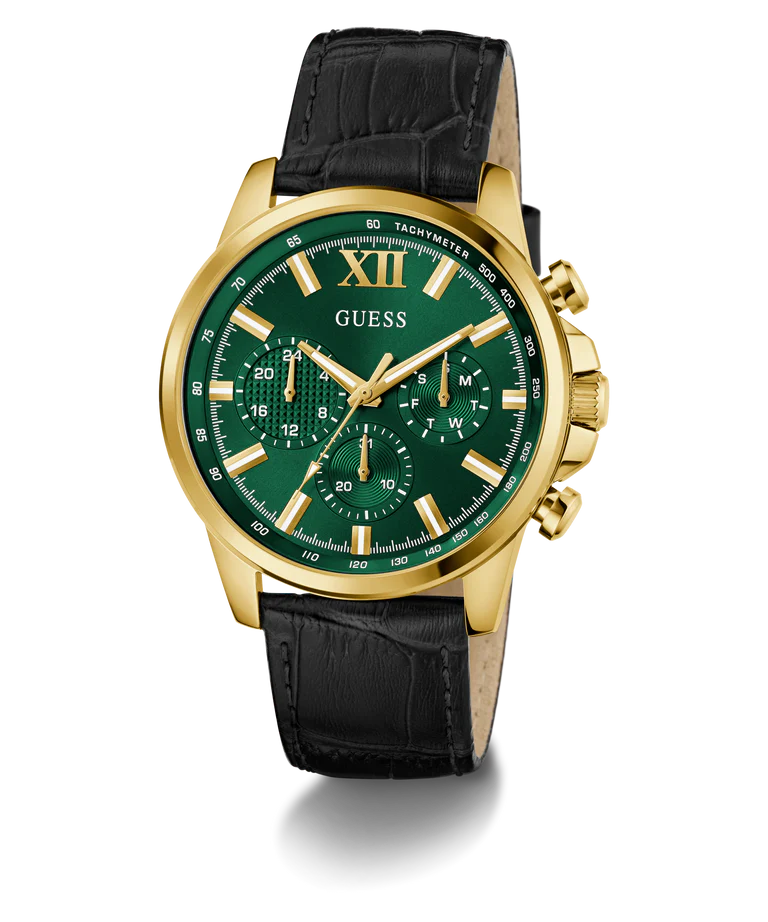 GUESS GW0901G4 men's watch with green chronograph dial, gold case, and black leather strap