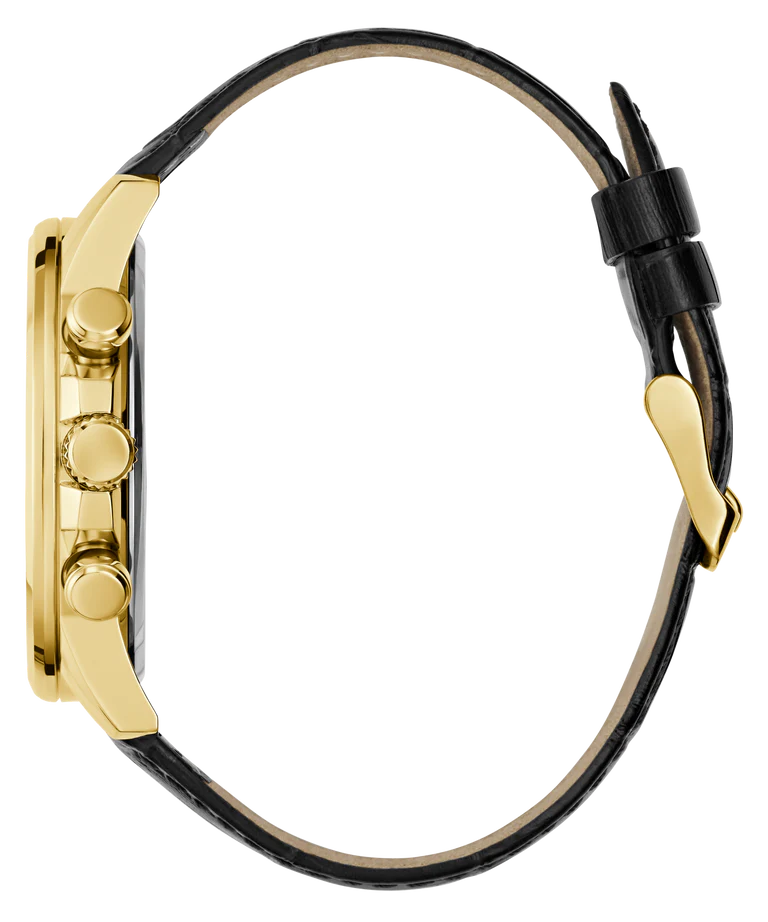 GUESS GW0901G4 side profile showing gold case thickness, pushers, and black leather strap