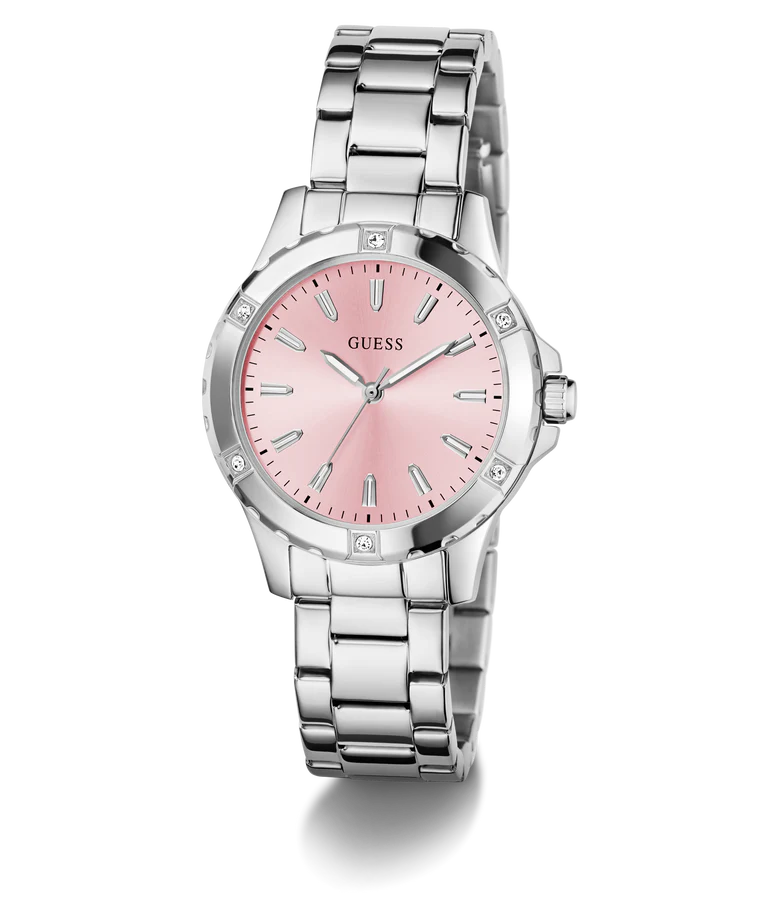GUESS GW0948L7 three-quarter view showing pink dial and silver stainless steel link bracelet