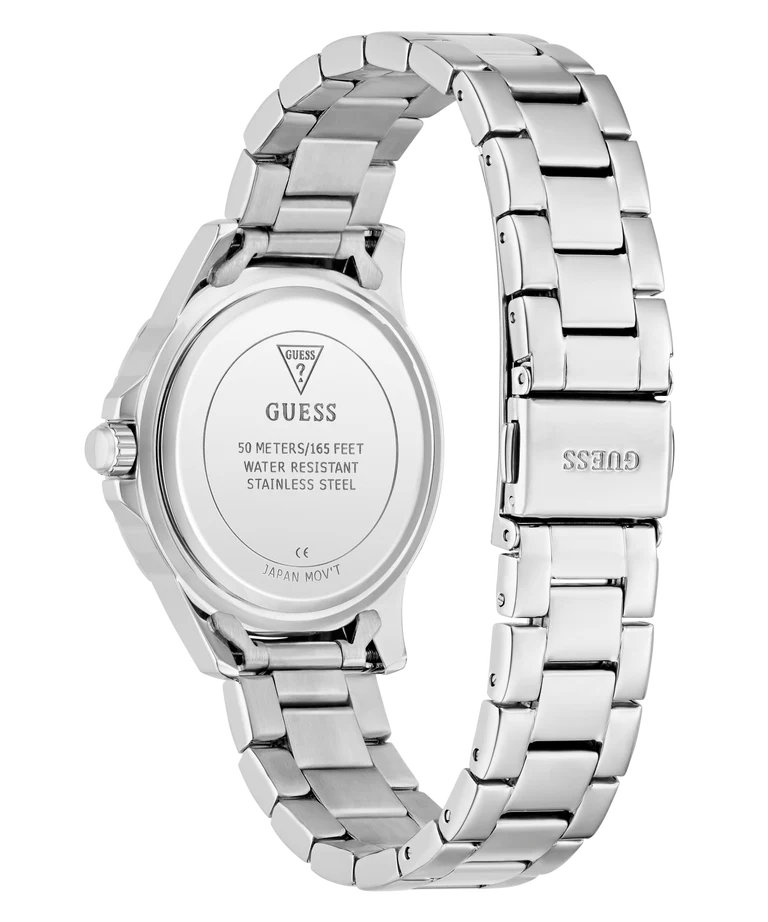 GUESS GW0948L7 case back showing water resistant stainless steel construction details