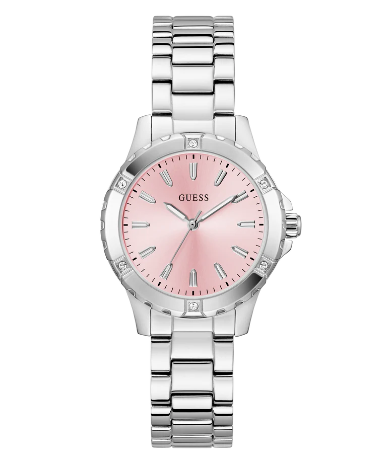 GUESS GW0948L7 silver tone ladies watch with pink dial and stainless steel bracelet