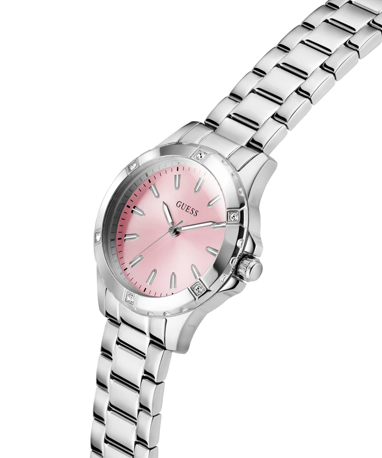 GUESS GW0948L7 side profile view of silver stainless steel bracelet and case