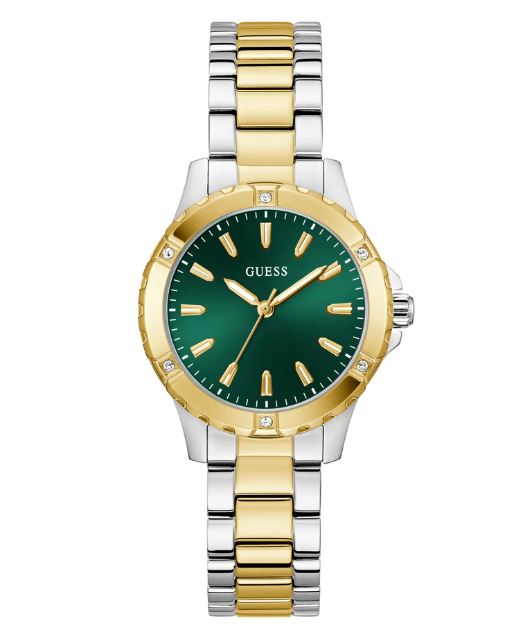 GUESS ladies 2-tone watch with green dial, gold and silver stainless steel bracelet