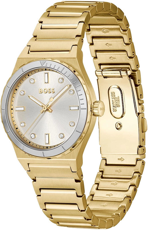 Hugo Boss Candor Sport women's watch with gold-tone bracelet shown at angle
