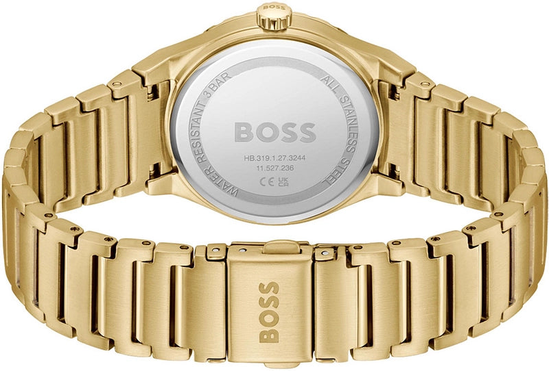 Hugo Boss Candor Sport caseback showing gold-tone case and bracelet strap
