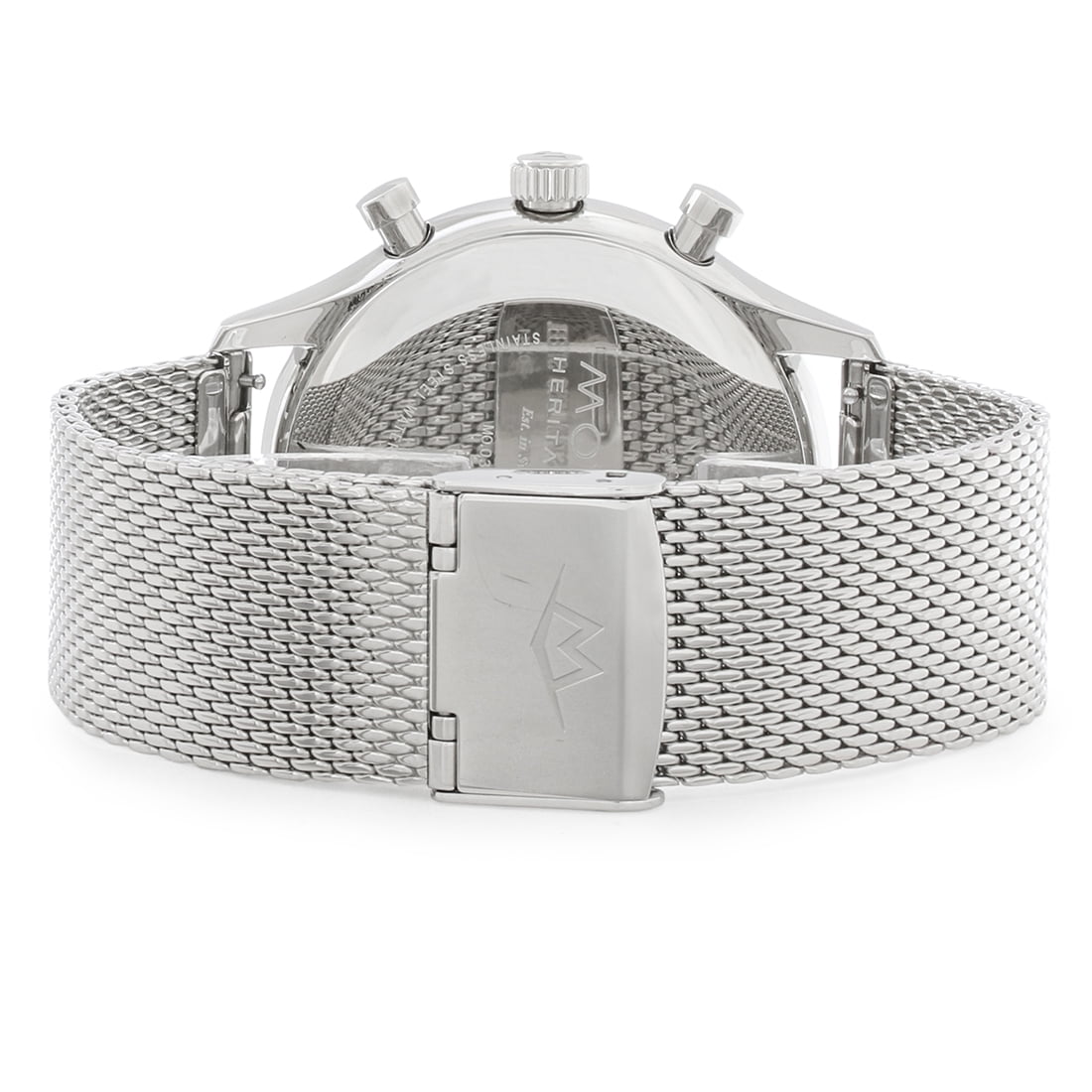 Stainless steel mesh bracelet with fold-over clasp on Heritage Calendoplan watch