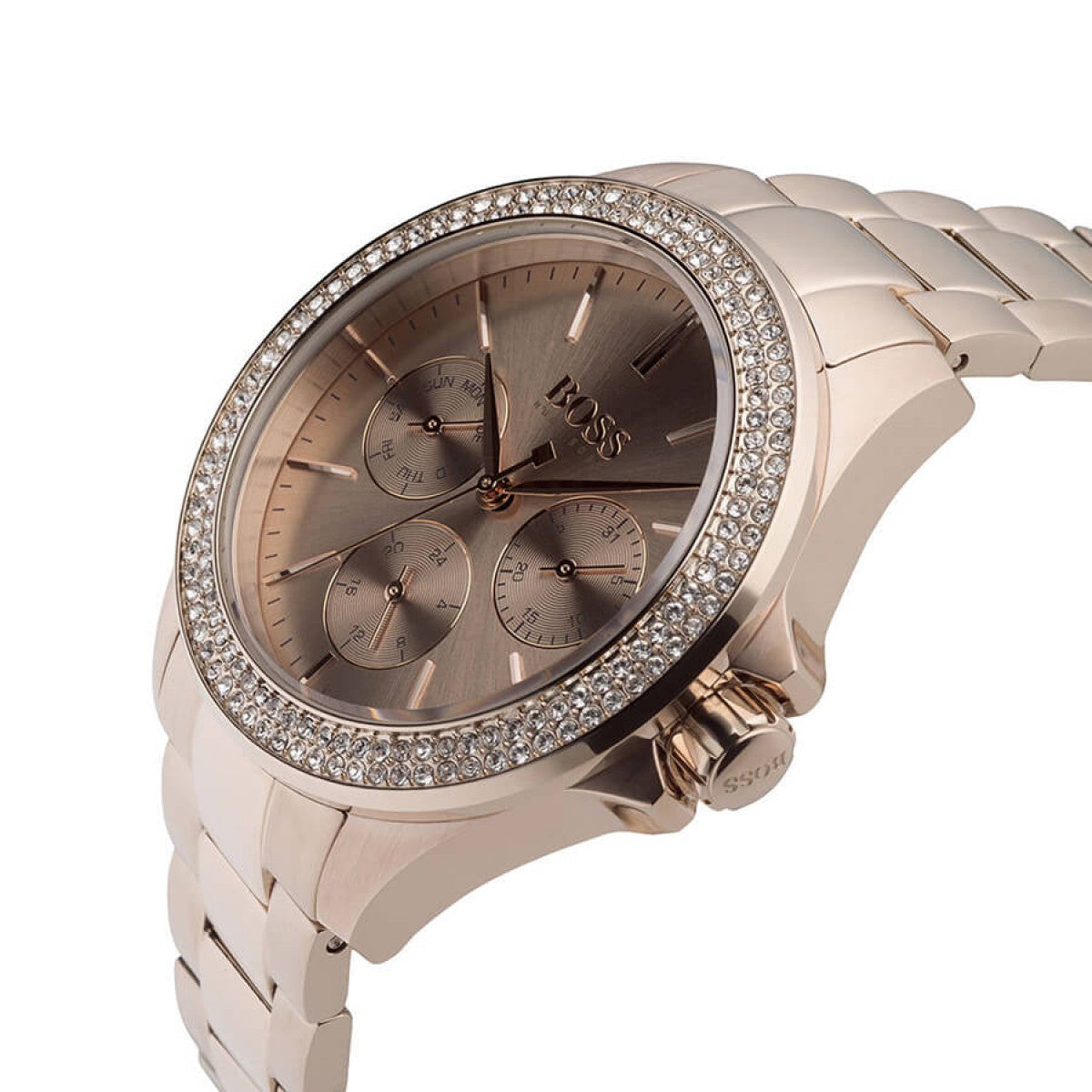 Hugo Boss rose gold women's watch angled view showing crystal bezel detail and bracelet
