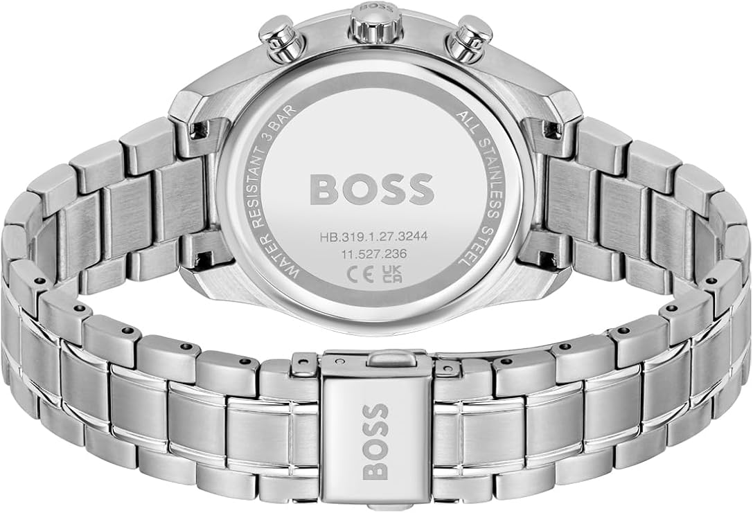 Back of Hugo Boss watch showing stainless steel caseback with BOSS branding and model specifications