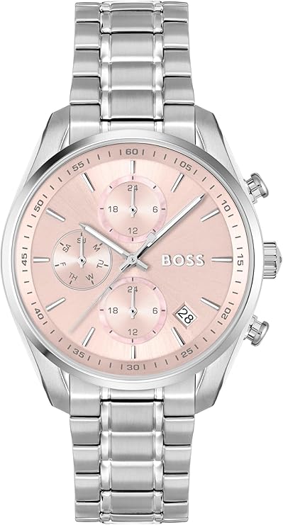 Hugo Boss women's watch with pink MOP dial and stainless steel bracelet, showing multi-function chronograph subdials