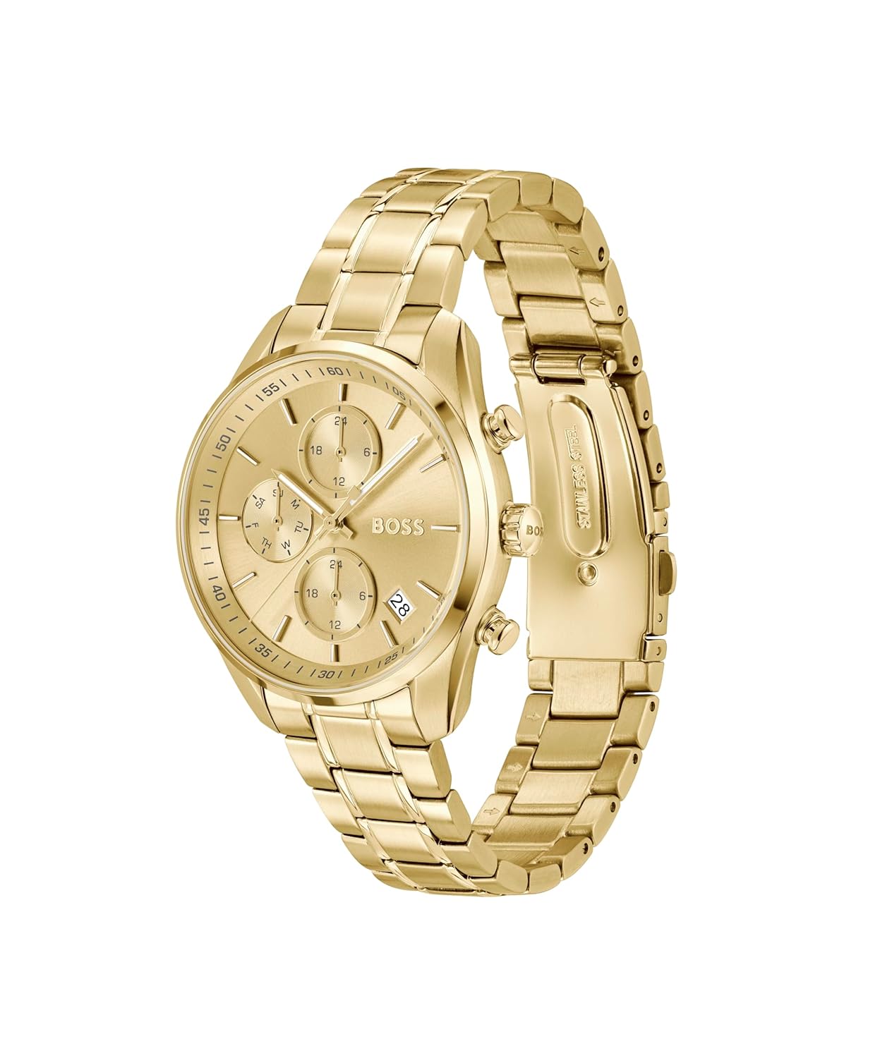 Hugo Boss gold steel chronograph watch shown from side angle with linked bracelet and dial visible
