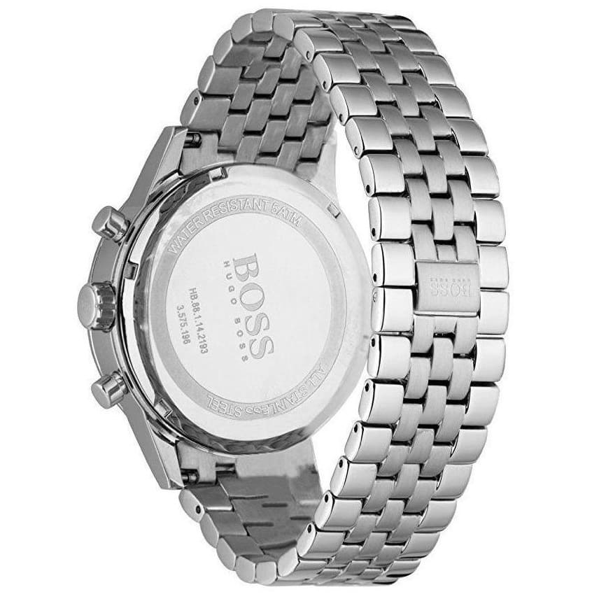 Hugo Boss stainless steel watch caseback and bracelet detail