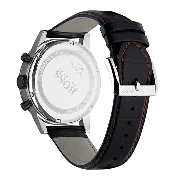Hugo Boss 1512631 watch side view showing black leather strap with red stitching