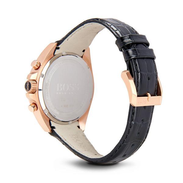 Hugo Boss watch showing rose gold case and black crocodile-textured leather strap detail