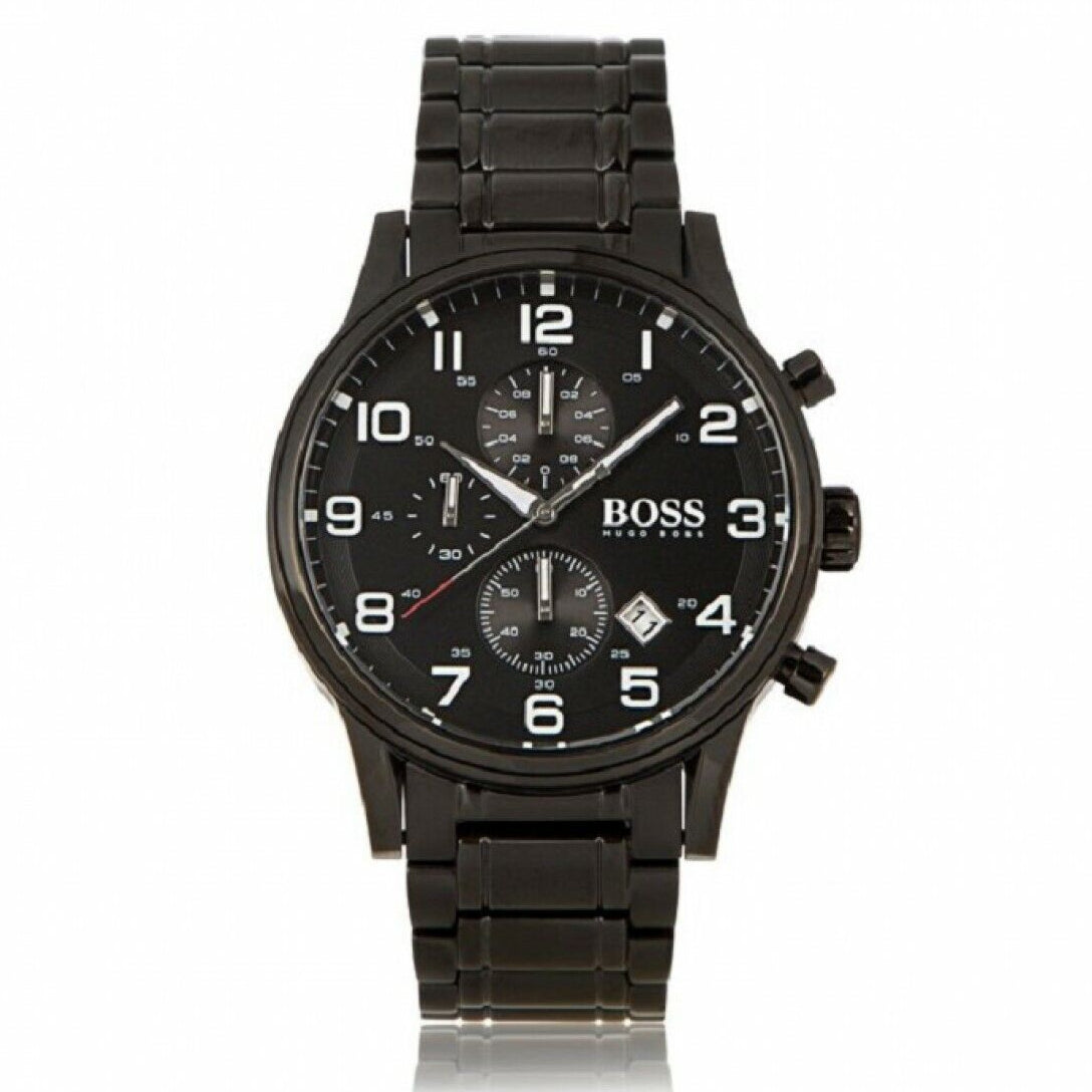 Hugo Boss Grand Central chronograph watch showing black dial with white numerals and subdials