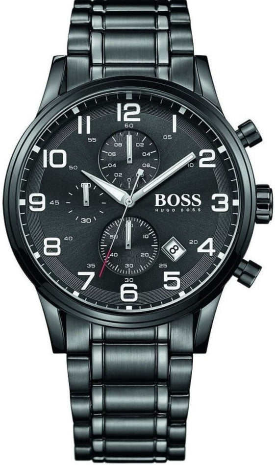 Hugo Boss Grand Central chronograph men's watch with black dial and black stainless steel bracelet