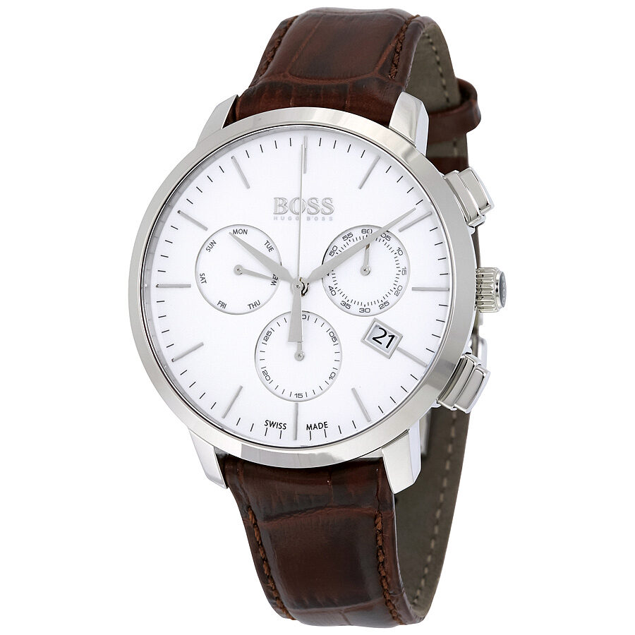 Hugo Boss Slim Chronograph men's watch with white dial and brown leather strap