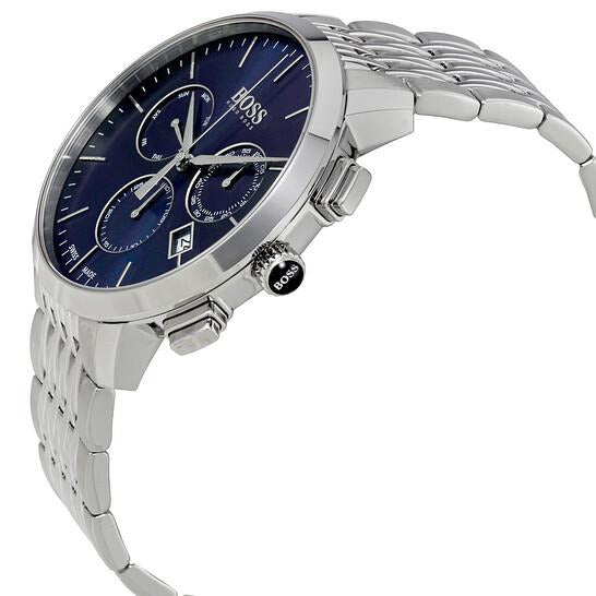 Hugo Boss 1513269 chronograph watch angled view showing blue dial and steel bracelet