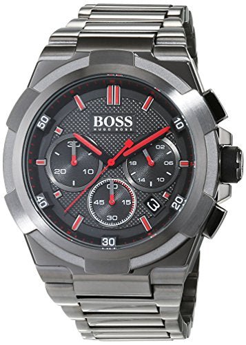 Hugo Boss chronograph watch angled view showing gunmetal case with red accents and steel bracelet