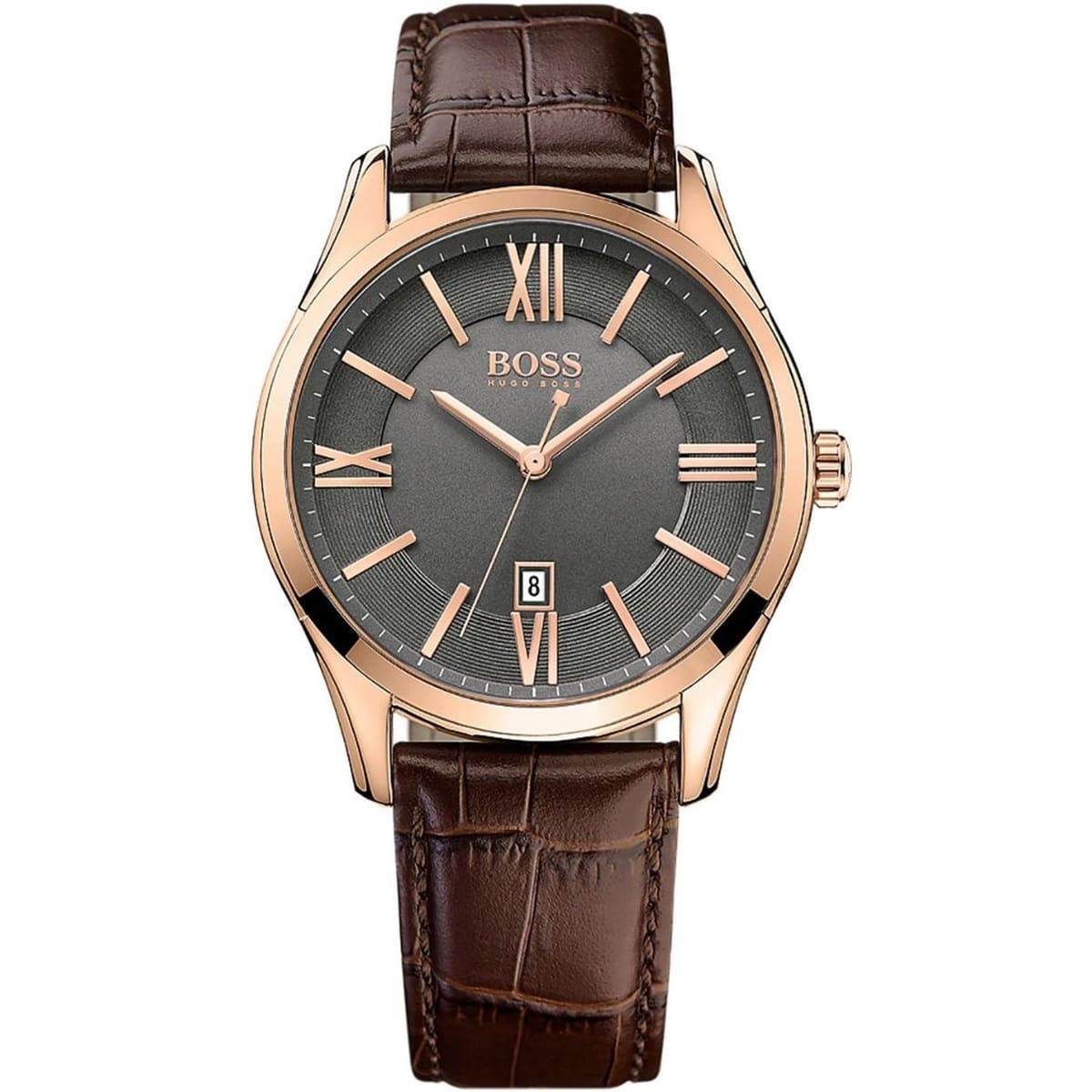 Hugo Boss classic men's watch with rose gold case, brown dial with Roman numerals, and brown leather strap