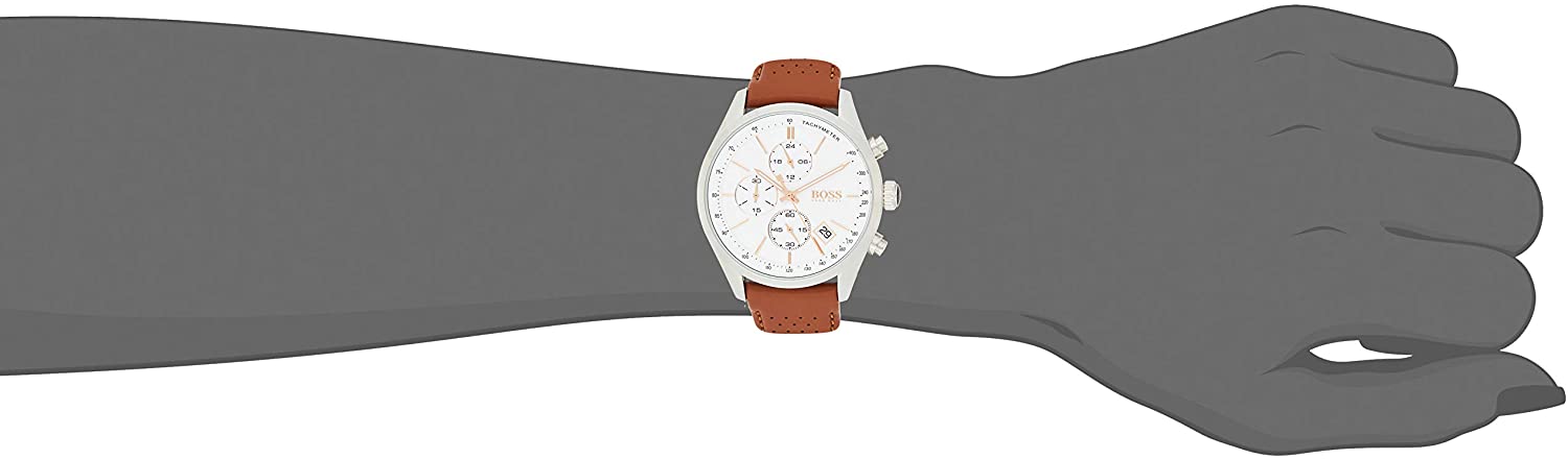 Hugo Boss chronograph men's watch on wrist view with brown strap and white dial