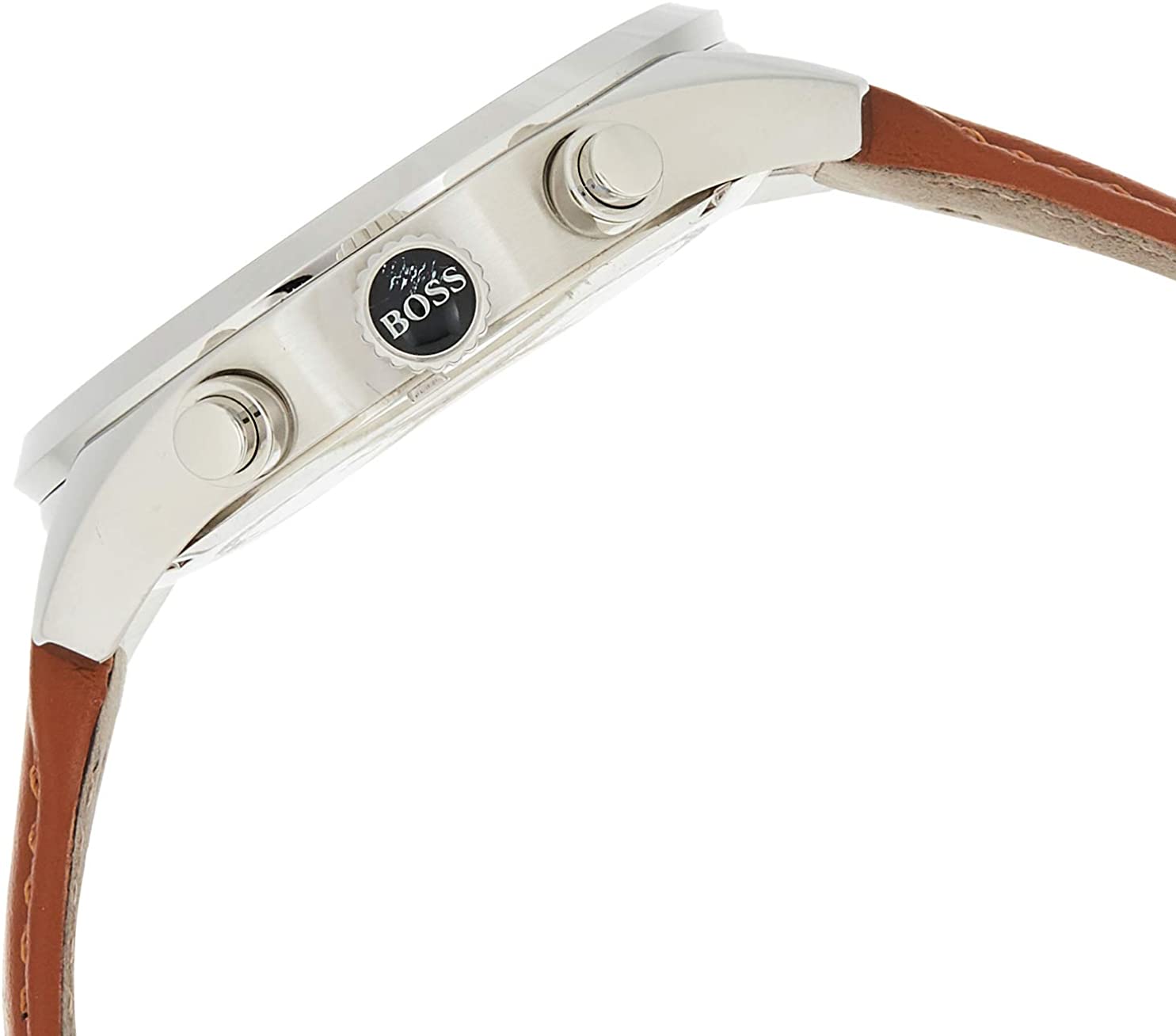 Hugo Boss chronograph watch side view showing stainless steel case and brown perforated leather strap