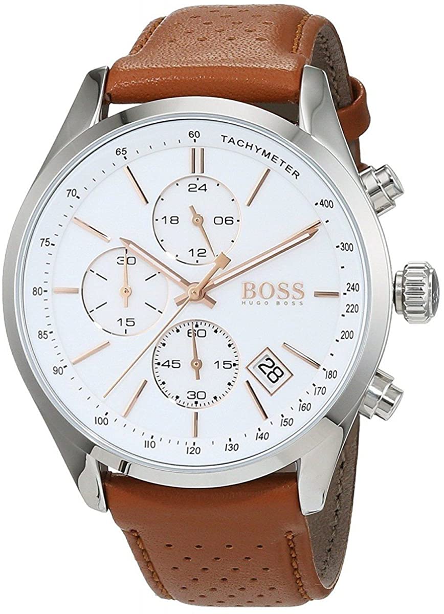 Hugo Boss chronograph watch angled view showing white dial with tachymeter and brown leather strap