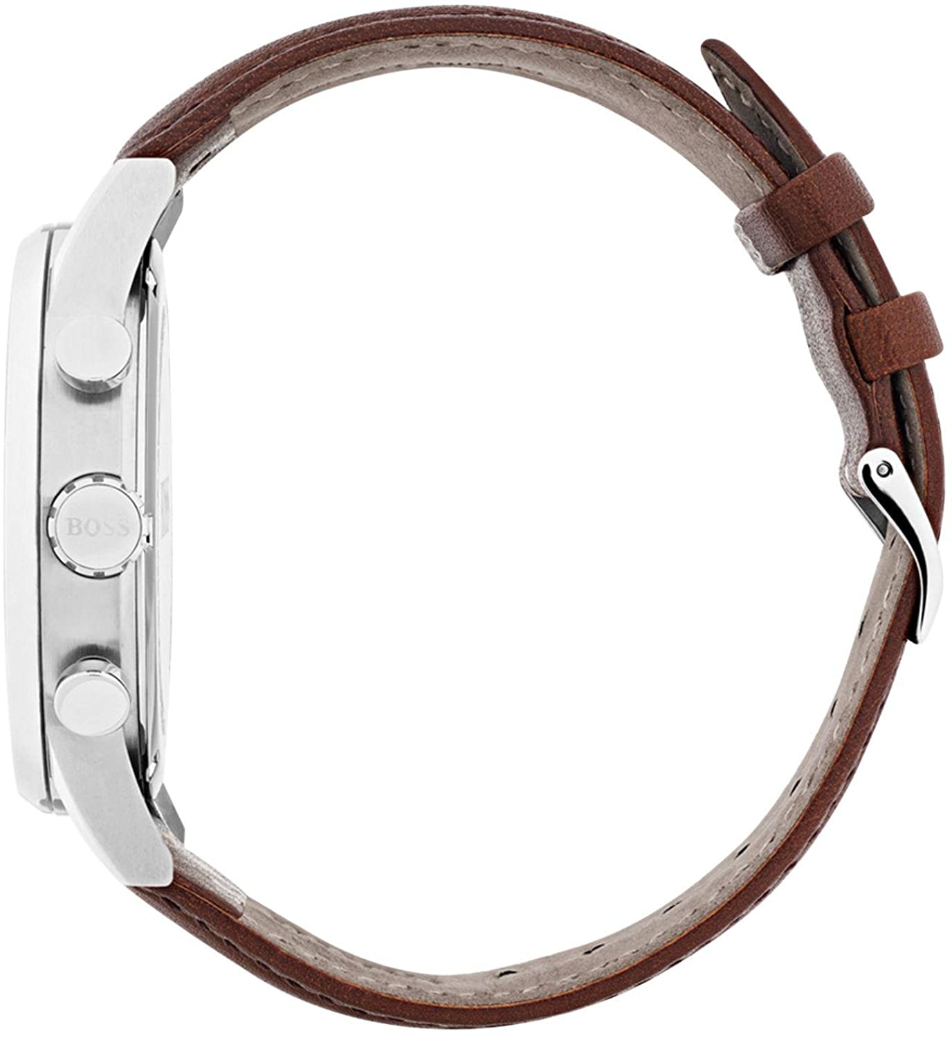 Hugo Boss chronograph watch worn on wrist with brown leather strap and stainless steel case
