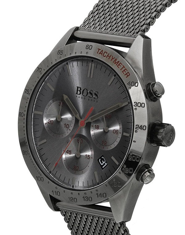 Hugo Boss chronograph watch angled view showing tachymeter bezel and mesh strap detail