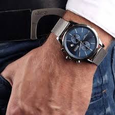 Hugo Boss Grand Central chronograph watch worn on wrist with mesh strap